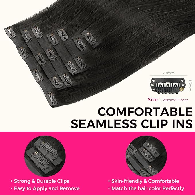 Lashey Seamless Clip in Hair Extensions Real Human Hair Extensions Straight 12 Inch 7pcs 80g Natural Black Soft Silky Clip in Hair Extensions with 100% Real Human Hair