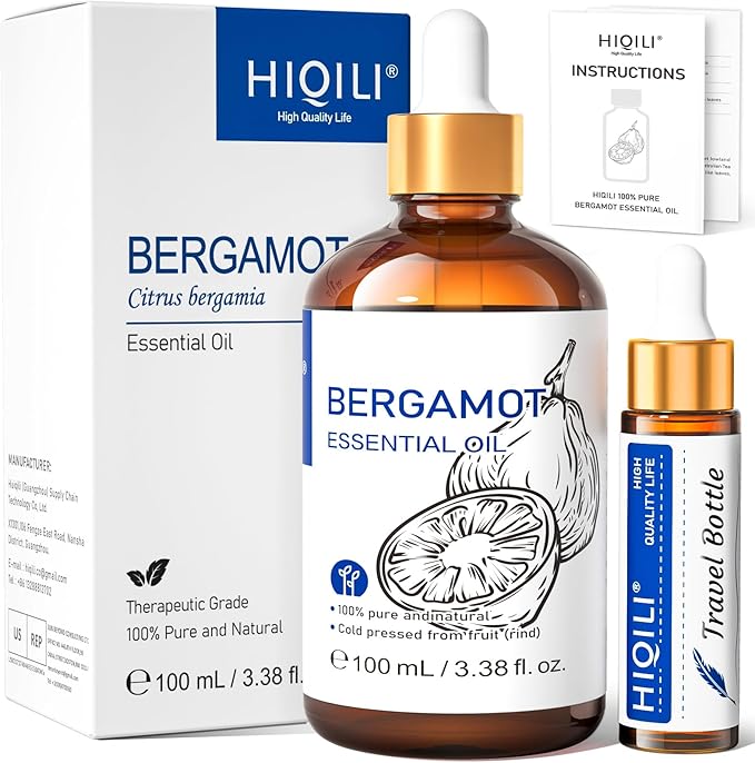 HIQILI Bergamot Essential Oil for Diffuser, Skin, Hair, DIY, 100% Pure & Natural - 3.38 Fl Oz (100 mL)
