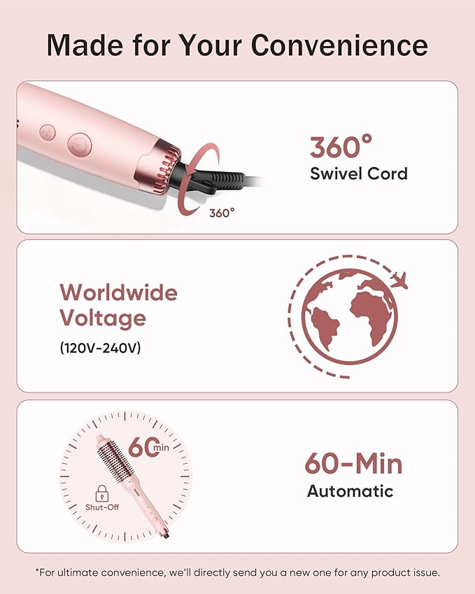 Thermal Brush for Blowout Look, 360° Airflow Heated Round Brush with 2× Negative Ions Release for Less Frizzy, 1.5 Inch Dual Voltage Heated Curling Brush for Travel, Dual PTC Technology, Pink