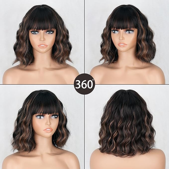 MISSQUEEN Black Mixed Brown Wigs Short Wavy Curly Wig with Bangs Shoulder Length Synthetic Hair Wigs Heat Resistant Fiber Wig for Daily Party (Black Mixed Brown)
