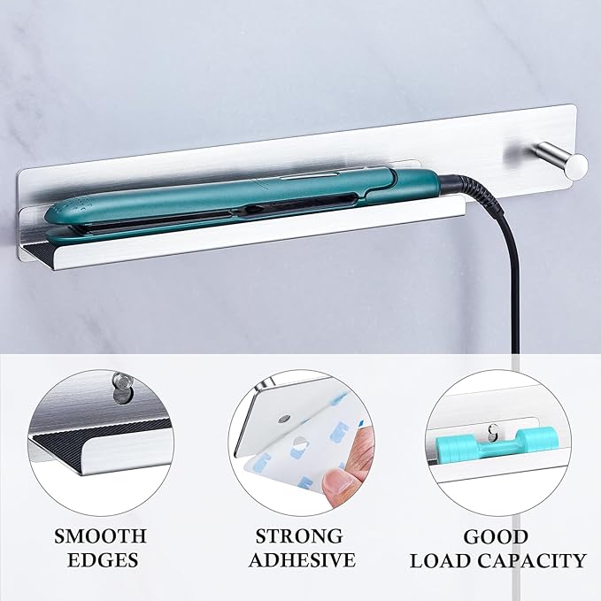 Hair Iron Holder Wall Mounted Curling Iron Holder Metal Hair Tool Organizer for Curling Wands Accessories Adhesive Hair Dryer Holder Straighteners Holder for Bathroom Barber Shops Vanity (Sliver)