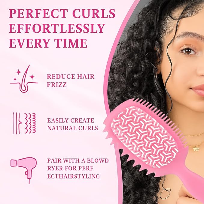 Curl Defining Brush, Vented Curly Hair Brush for Effortlessly Detangling Shaping and Styling, Candy Brush for Wet or Dry Hair Types for Women and Girl, Defining with Side Gear, Reduces Frizz (Pink)