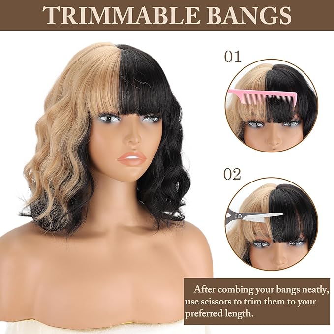 MISSQUEEN Short Black and Blonde Wavy Wig with Bangs for Women Heat Resistant Synthetic Hair Two Color Cosplay Party Costume Wig Halloween Wig