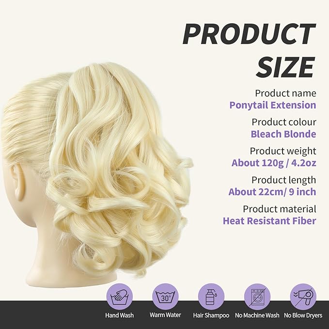 Blonde Ponytail Extension,9" Short Curly Wavy Claw Clip in Ponytails Hair Extensions Natural Soft Synthetic Hairpiece for Women