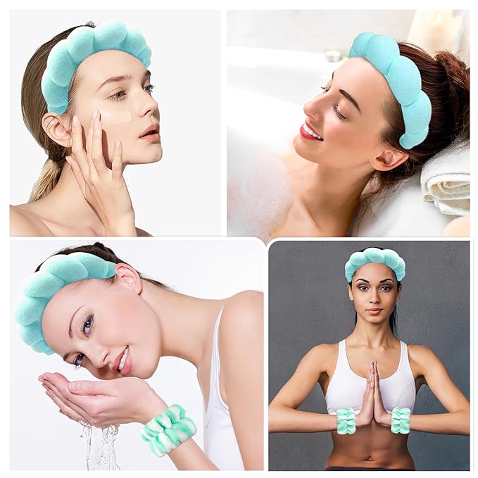 Zkptops Spa Headband for Washing Face Wristband Set Sponge Makeup Skincare Headband Terry Cloth Bubble Soft Get Ready Hairband for Women Puffy Padded Headwear Non Slip Thick Hair Accessory(Turquoise)