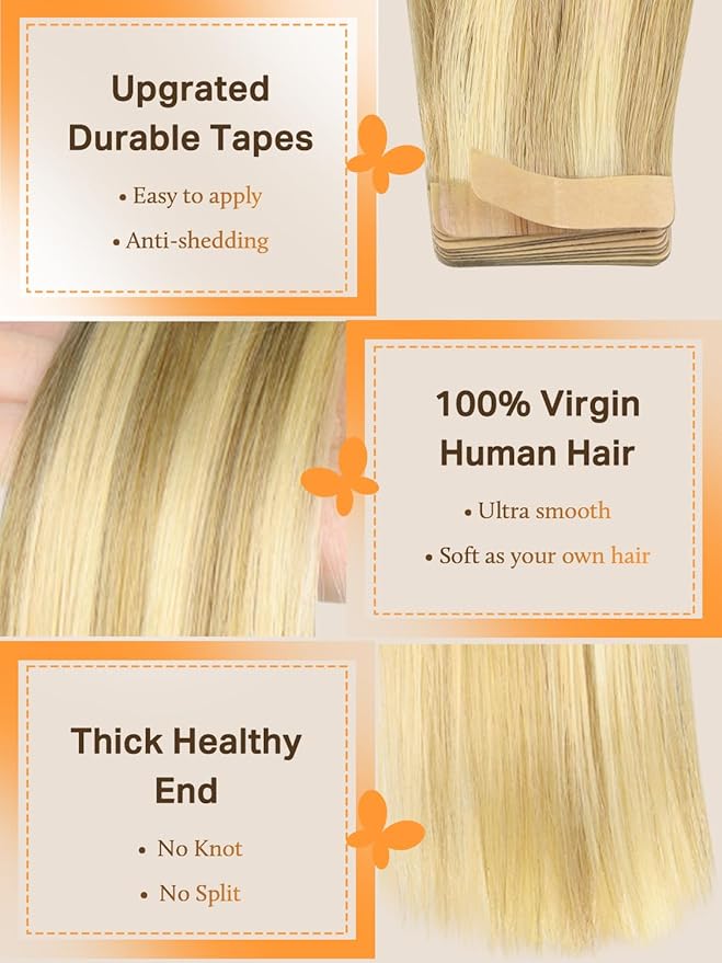 DOORES Hair Extensions Human Hair, Drity Blonde Highlight Golden Blonde 20pcs 50g 22 Inch, Human Hair Extensions Tape in Straight Hair Real Human Hair