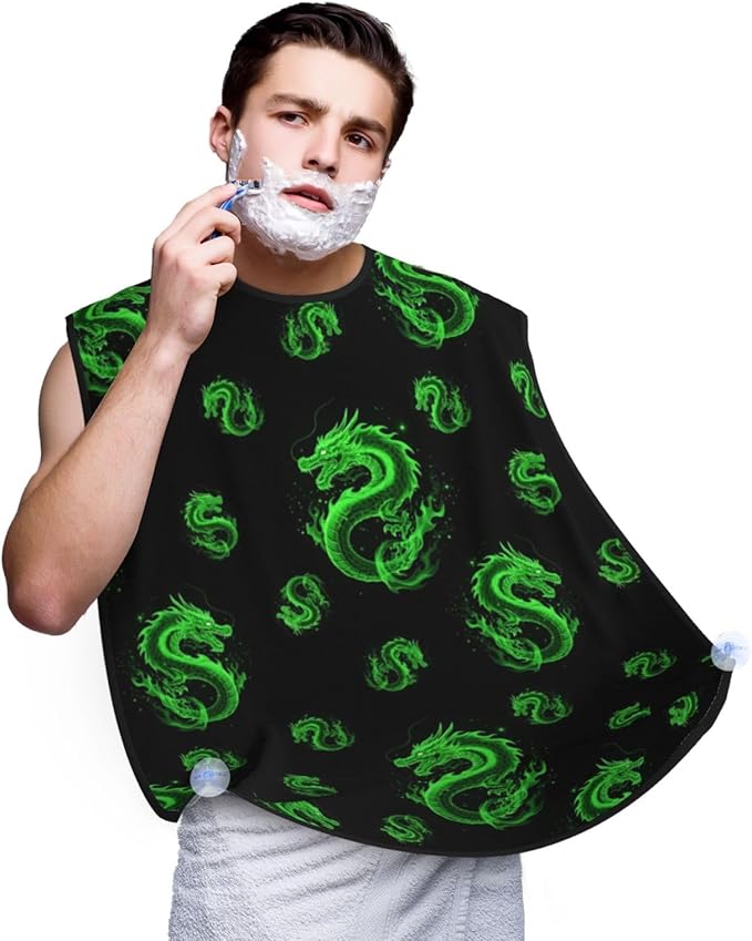 Beard Hair Catcher for Men, Waterproof Shaving Bib Apron Non-Stick, Trimming Tool for Dad Husband, Green Fire Flame Dragon Art Shave Bib