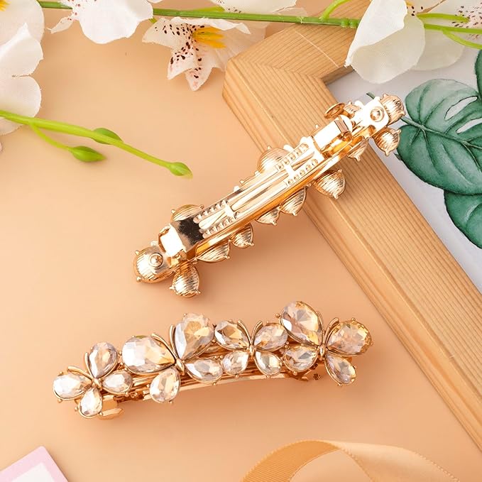 Joez Wonderful Rhinestone Hair Clips, Bridal Hair Accessories for Women, Sparkly Crystal Hair Pins, Fancy Hair Barrettes for Wedding, Bride, Long Hair (Champagne Butterfly, 1 Pcs)
