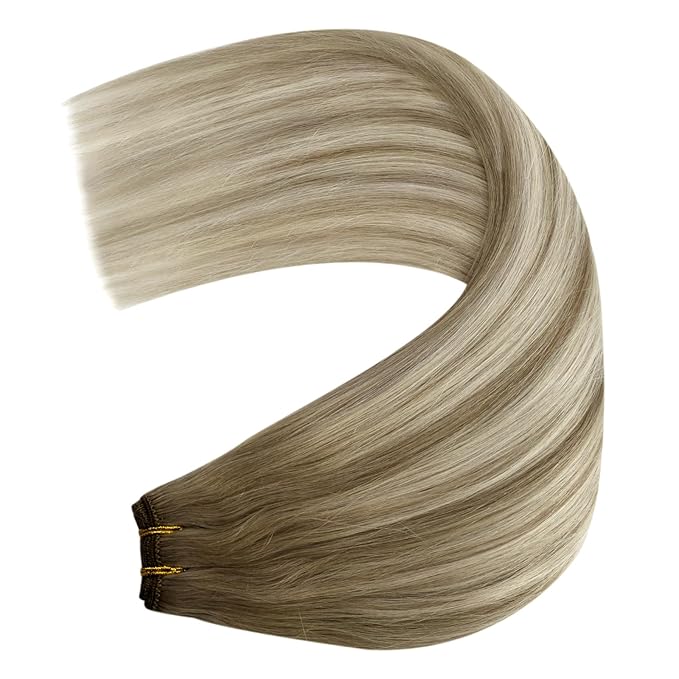 YoungSee Sew in Hair Extensions Real Human Hair Balayage Hair Extensions Weft Light Brown Mix Platinum Blonde Balayage Weft Hair Extension Human Hair for Full Head 20Inch 100G