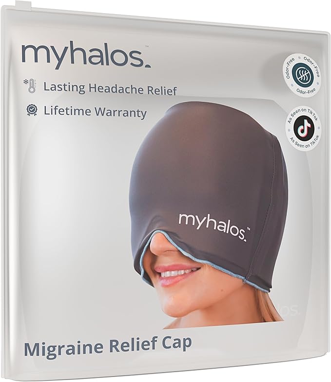 MyHalos® Migraine Relief Cap, 30% Thicker, 2X More Cooling Gel - Stays Colder for Longer, Ice Hat, Ice Pack Head Wrap, Cold Headaches & Migraine Mask - Hangover, Tension Headache Relief Cap (Gray)