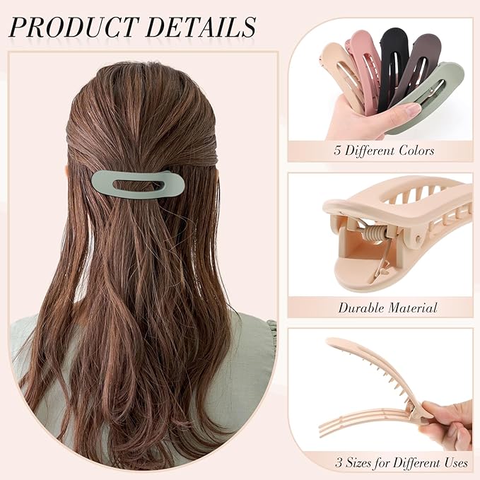 15 PCS Flat Claw Clips, 5 Colors Flat Hair Clips 3 Sizes Hair Claws for Women Girls Accessories Barrettes for thick Thin Hair