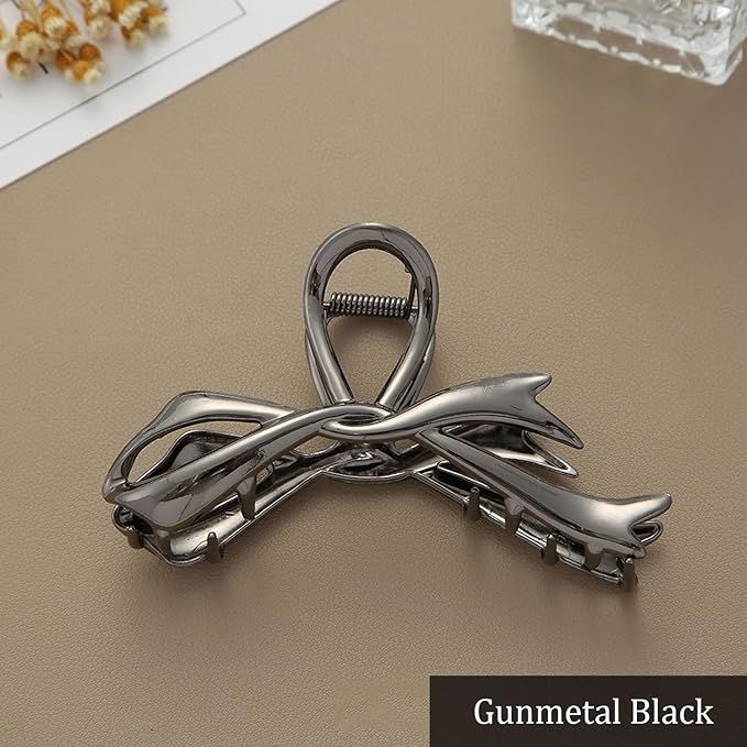 Black Ribbon Bow Metal Hair Clips Claw, 1Pcs 4.52Inch Hair Claw Clips for Thin Thick Hair Accessories Alloy Elegant Non-Slip Strong Hold Grip Hair Jaw Clip(Black Ribbon)