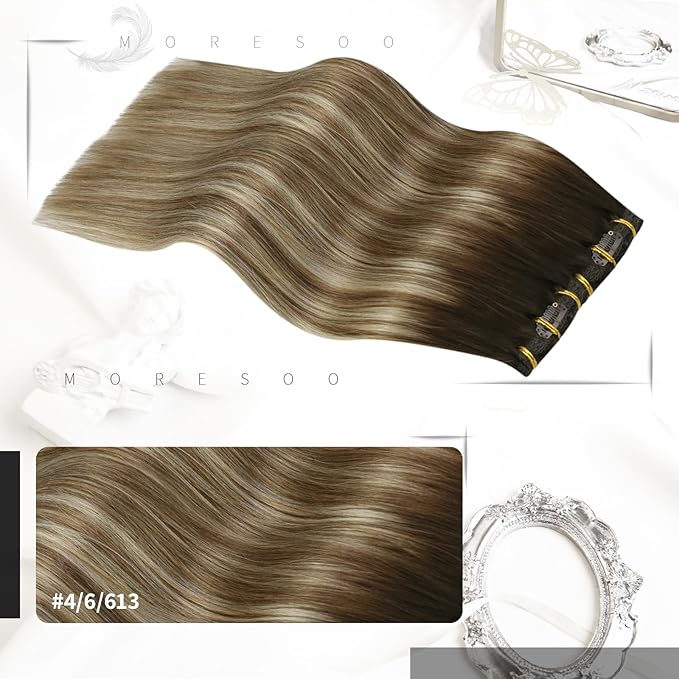 Moresoo Clip in Hair Extensions Real Human Hair Straight Balayage Dark Brown to Light Brown Ombre Medium Blonde Clip Extensions Long Hair Extensions Clip in Human Hair 7 Pieces 120G 16 Inch