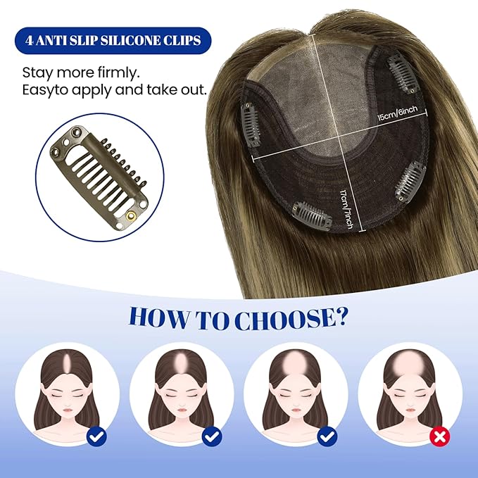 WORLDSTAR Hair Toppers for Women Real Human Hair No Bangs 6 * 7 Inch Base 14 Inch 65g #4/27/4 Balayage Chocolate Brown Ombre Caramel Brown Toppers Hair Pieces for Women with Thinning (tp#4/27/4-14)