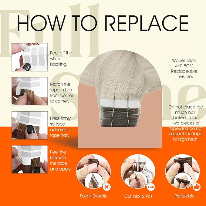 Full Shine White Blonde Tape in Hair Extensions Tape in Extensions Human Hair 10Inch Seamless Invisible Remy Skin Weft Double Sided Adhesive Extension for Women Silky Straight 30G 20Pcs