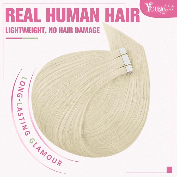 YoungSee Tape in Extensions Platinum Blonde Human Hair Tape in Extensions Blonde Tape in Hair Extensions Human Hair Invisible Tape-in extension Real Human Hair 20 Inch 50g Tapes Extension for Wedding