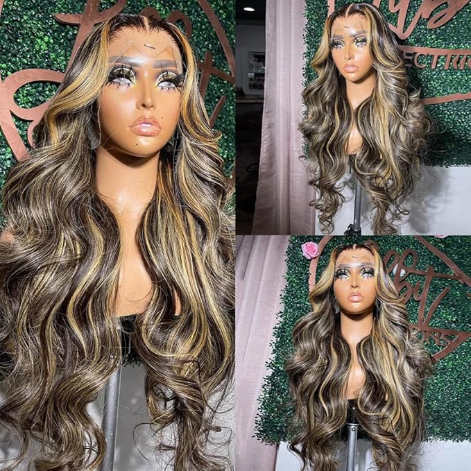 28 Inch 13x6 Balayage Highlight Lace Front Wig Human Hair 13x6 HD Lace Front Wigs Human Hair Body Wave Wig 180% Density FB/27 Colored Frontal Wigs Glueless for Women Ombre