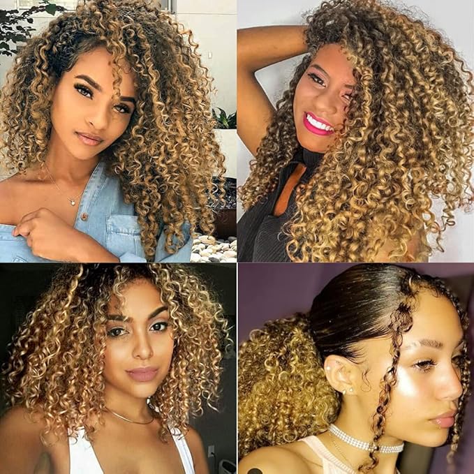 1B27 Bundles Human Hair Ombre Blonde Kinky Curly Bundle Virgin Remy Hair 3 Bundles 14 16 18 Inch Niegmeag Double Weft Soft and Silky 2 Tone Black and Honey Blonde Bundle 300g