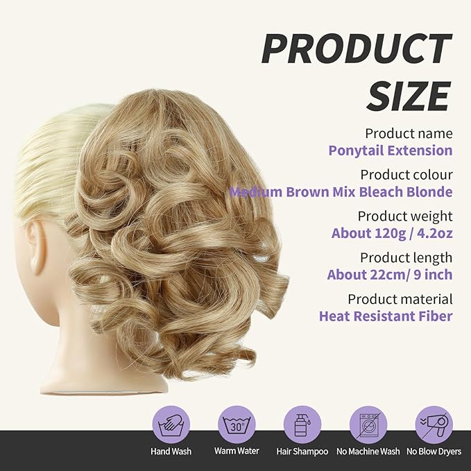 Blonde Ponytail Extension,9" Short Curly Wavy Claw Clip Pony tails Hair Extensions Natural Soft Synthetic Hairpiece for Women