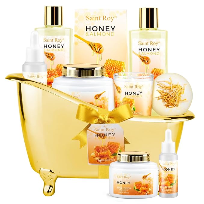 Christmas Gifts for Women Bath & Body Gift Set, Luxury Home Spa Bath Gift Basket, Honey Almond Scented Bath Set, Pamper Gifts Birthday gifts & Teens, Spa Kit Gift, Home Spa Gifts for Men Dad
