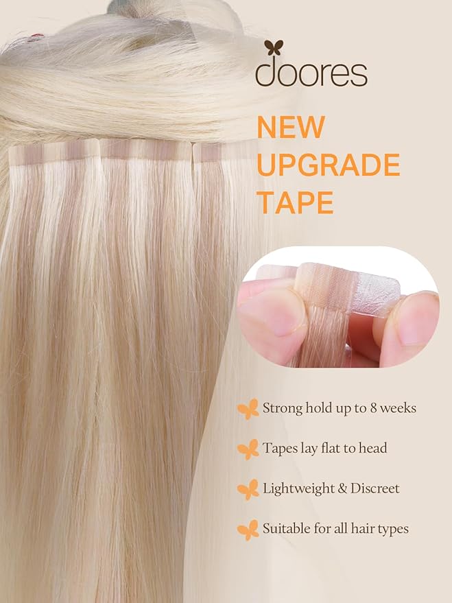 DOORES Hair Extensions Tape in Human Hair, Light Blonde Highlighted Golden Blonde 20 Inch 40pcs 100g, Tape in Hair Extensions Reamy Straight Hair Natural Hair