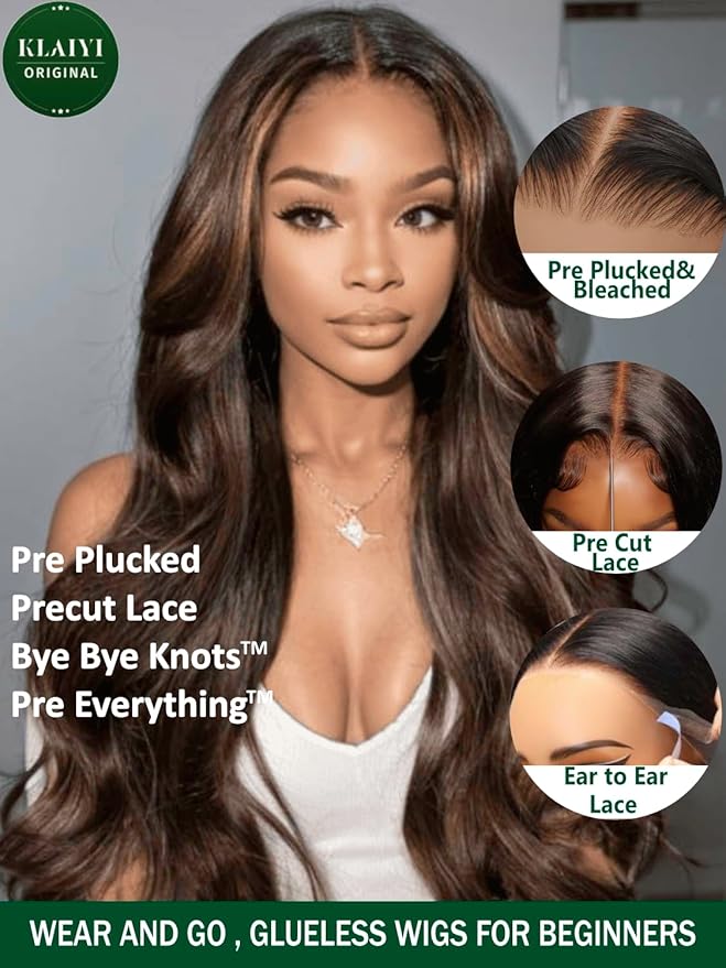 KLAIYI 13x4 Pre Everything Lace Front Chocolate Brown With Highlights Loose Body Wave Wig Human Hair Pre Cut Lace Pre Bleached Bye Bye Knots Pre Plucked Ombre Glueless Wear Go Wig Ready to Wear 26Inch
