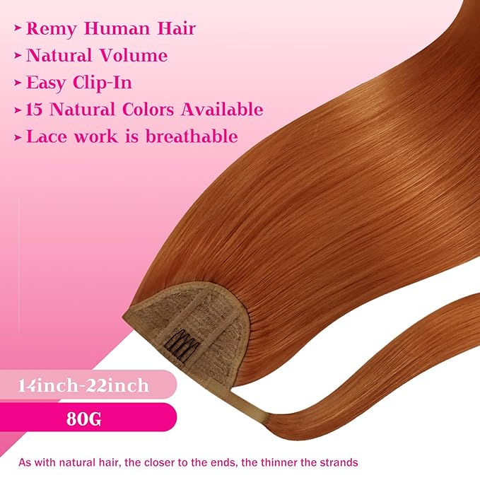 Ve Sunny Hair Extensions Ponytail Real Human Hair Wrap Around Clip in Ponytail Hair Extensions Straight Extensions Human Hair for Women Copper 20inch 80G