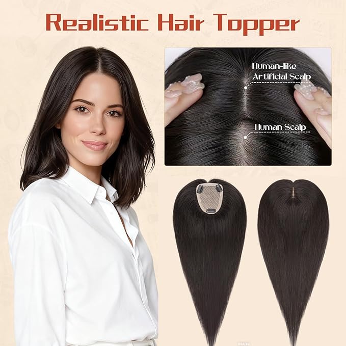 Rich Choices Human Hair Toppers for Women-100% Real Remy Hair Topper No Bang-Upgraded 150% Density 9 * 12CM Lace Base-Clip in Hairs Topper for Thinning Hairs-14Inch #1B Natual Black