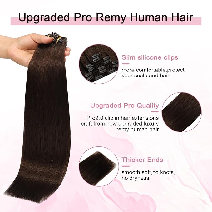 Pro2.0 Clip in Hair Extensions Real Human Hair 120g Thick 7pcs Color #4 Chocolate Brown Remy Real Human Hair Extensions Clip ins 14inch Seamless Double Weft for Women（#4-14inch）