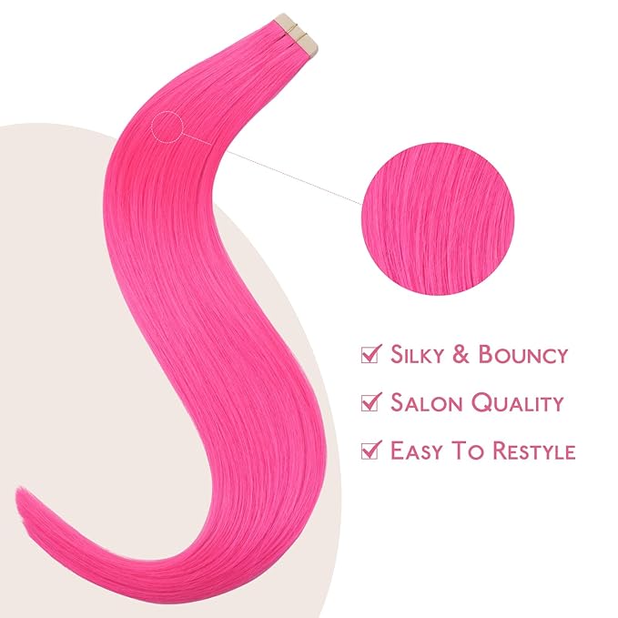 WENNALIFE Tape in Hair Extensions Human Hair Hot Pink Tape in Extensions, 10pcs 30g 20 inch Remy Invisible Tape Ins Straight Colored Soft Real Human Hair Tape in Extensions Refill Set Extensions