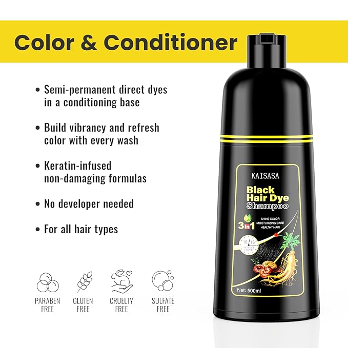 KINGMING Black Hair Dye Shampoo 3 in 1 for Gray Hair, Hair Color Shampoo for Women Men Grey Hair Coverage, Herbal Ingredients Champu Con Tinte Para Canas 500ml (Black).