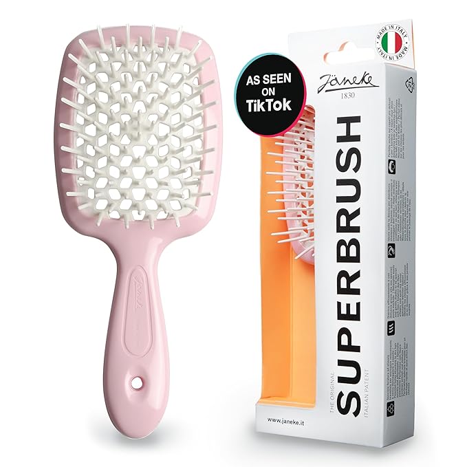 Janeke Superbrush Detangling Brush for Soft Smoothing Hair Brushing with Anti-Static Bristles - Vented Wet Hair Brush for Blow Drying Use - Perfect for Curly, Thick, Wavy, Fine Hair Types (Pink)
