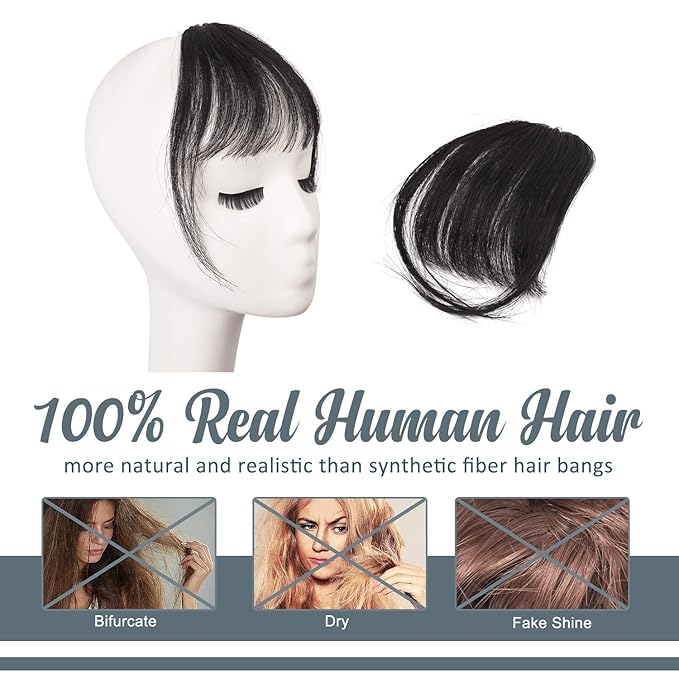 BARSDAR Real Human Hair Clip in Bangs - 100% Human Hair Clip in Bangs for Women - Natural Black Wispy Bangs Extensions Fringe with Temples Real Hair Bangs Hairpieces - Natural Black