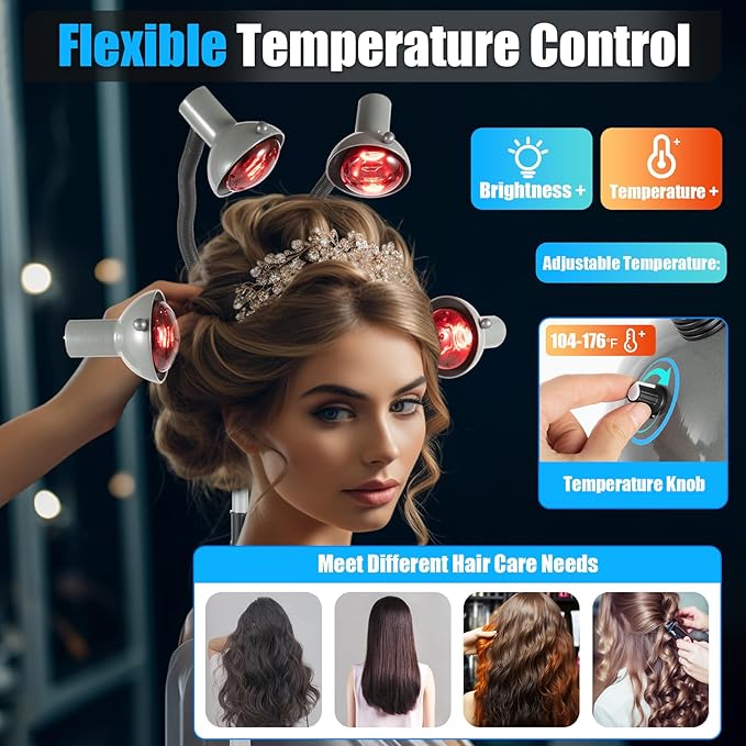 5 Head Infrared Heat Lamp 750W Portable Floor Salon Hair Dryer Adjusting Styling Perming Dryer Color Processor Styling Hair Hood Dryer (Grey)
