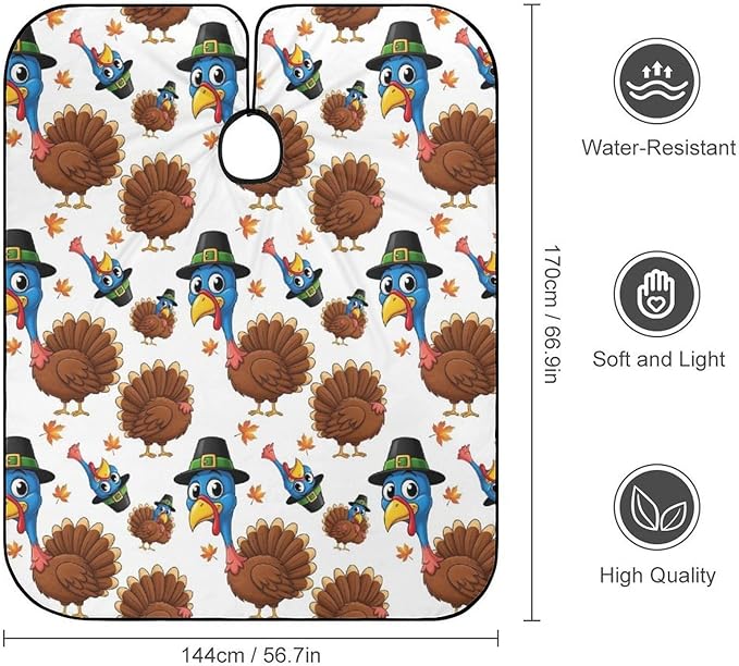 Adjustable Barber Styling Cape, Cartoon Thanksgiving Turkey White Haircut Apron Hairdressing Gown Cover for Hairdressers