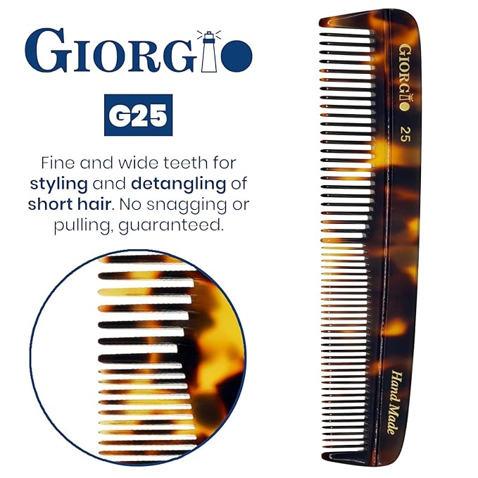 Giorgio G25 FineTooth and WideTooth Pocket Comb - Hair Styling Comb for Men and Women, Handmade Beard Combs for Men, Barber Combs, for Grooming,Saw Cut and Polished