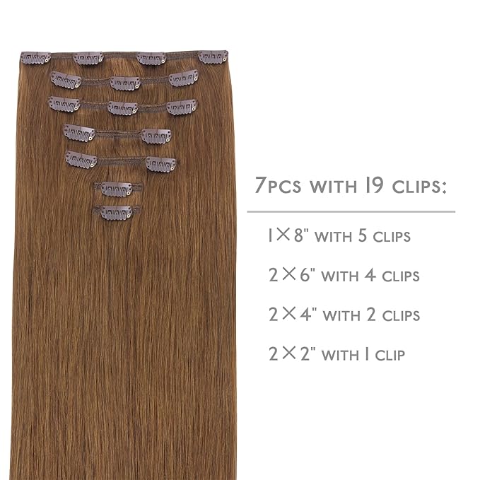 WENNALIFE Clip in Hair Extensions Real Human Hair, 16 Inch 120g 7pcs Remy Hair, Light Auburn Brown Straight Natural Coloured Extensiones De Cabello Humano Con Clip Ins