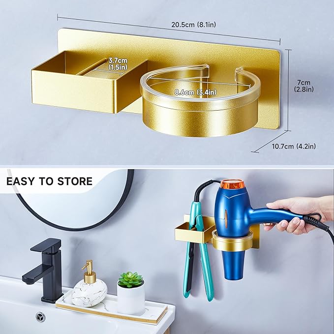 Blow Dryer Holder Wall Mounted, Hair Straightener Holder, Hair Dryer Holder Adhesive, Hair Tool Organizer for Flat Iron, Hairdryer, Curling Iron Holder for Bathroom Vanity Barber Shop (Gold)