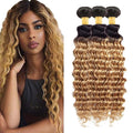 Ombre Bundles Human Hair Blonde Deep Wave Bundle Brazilian Virgin Remy Soft and Silky Hair 3 Bundles 14 16 18 Inch Double Weft 2 Tone Black and Honey Blonde Bundle Hair Weave 300g