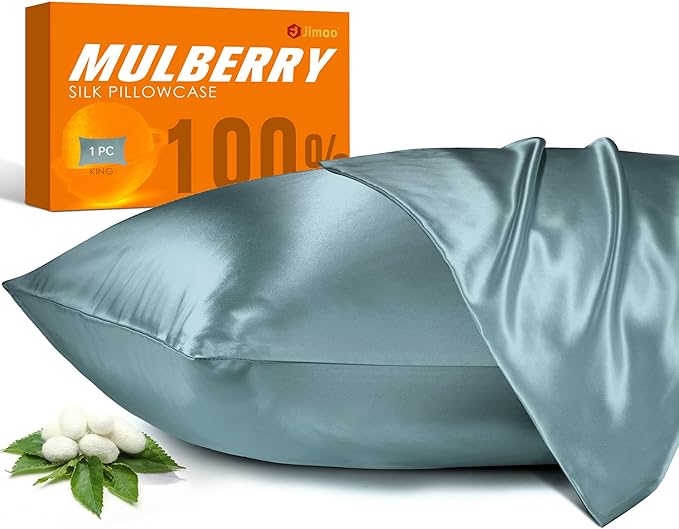 100% Mulberry Silk Pillowcase for Hair and Skin, 22 Momme Pure Natural Silk Pillow Case Both Sided with Zipper, Pillow Cover for Women Mom Men (Airy Blue, King 20''×40'', 1 Pack)