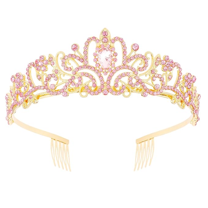 Didder Gold Pink Tiara and Crowns - Elegant Prom Tiara for Women and Girls - Bridal, Birthday, Halloween Party