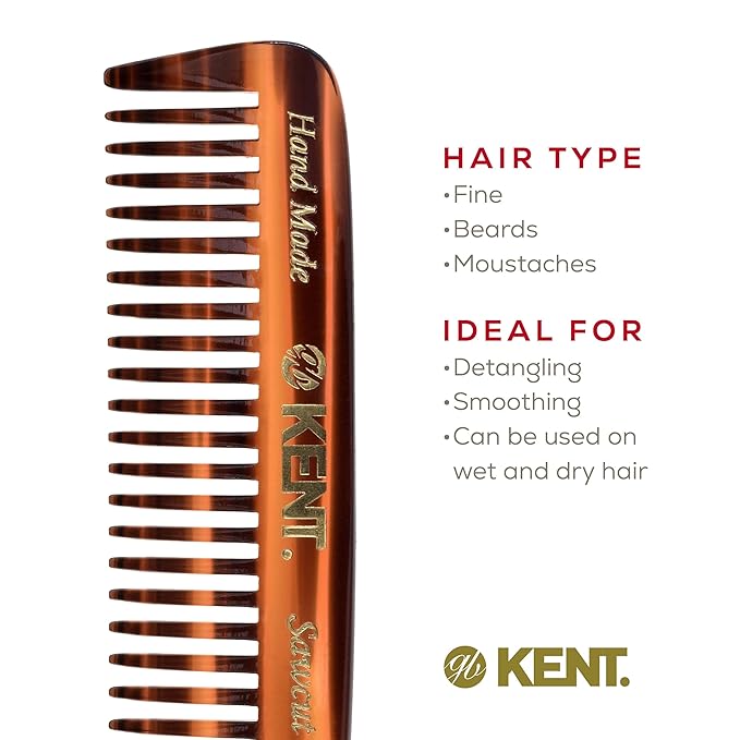 Kent 93T Tortoiseshell Wide Tooth Small Comb for Men's Mustache and Beard Grooming, Pocket Sized Detangler Travel Comb, Saw-Cut and Polished, Handmade in England