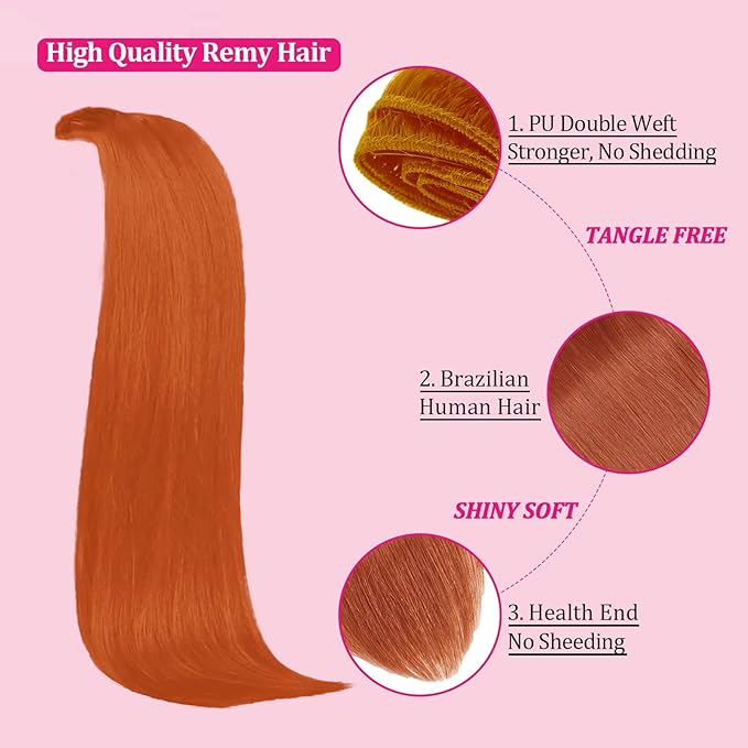 16inch 110g Clip in Hair Extensions Real Human Hair Copper Kinky Straight Clip Ins Seamless Natural and Soft Hair Clip on Hair Extensions for Women Thick End 8pcs 18Cips/pack