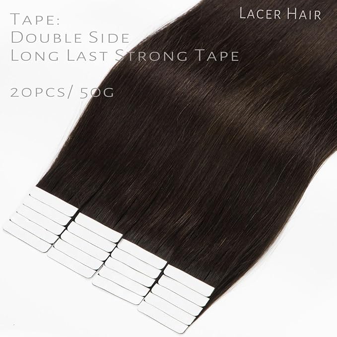 Lacer Dark Brown Hair Extensions Tape in Double Sided Skin Weft Invisible Tape in Hair Extensions Human Hair Seamless Straight 24 Inch 100G 40Pcs