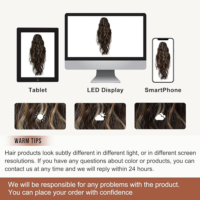 FLUFYMOOZ Ponytail Extension, 18 Inch Claw Clip Ponytail Extension, Wavy Curly Claw Clip in Ponytail Hair Extensions, Natural Fake Ponytail Synthetic Hairpiece for Women (Chocolate Brown with Blonde Highlights)
