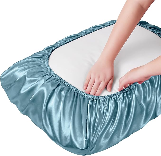 Manyshofu Satin Pillowcases for Hair Protection - 1Pcs Blue Pillow Cases, Elastic Band Standard & Queen Satin Pillowcases Luxury Silky Pillow Cases Travel Pillow Covers