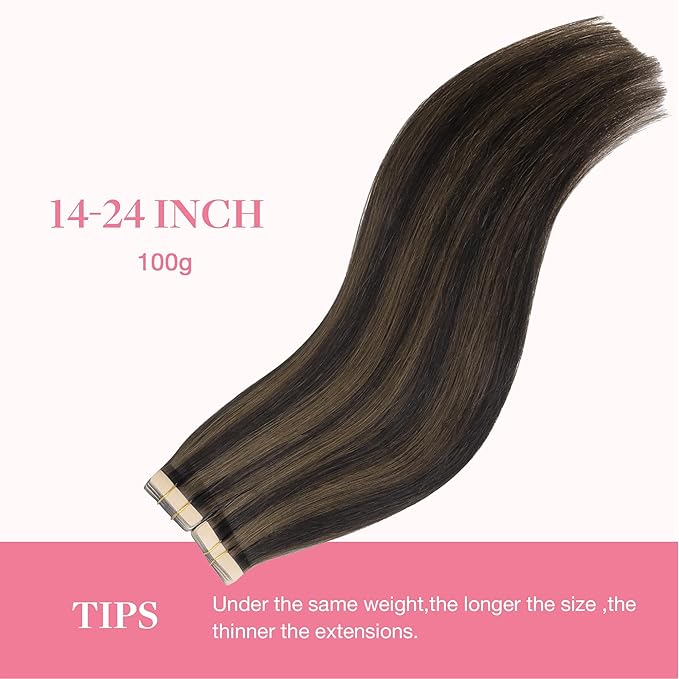 GOO GOO Tape in Hair Extensions Human Hair, 2/6 Dark Brown Highlighted Chestnut Brown, 16inch 100g 40pcs, Skin Weft Seamless Invisible, Silky Straight with Thick Ends, Remy Human Hair