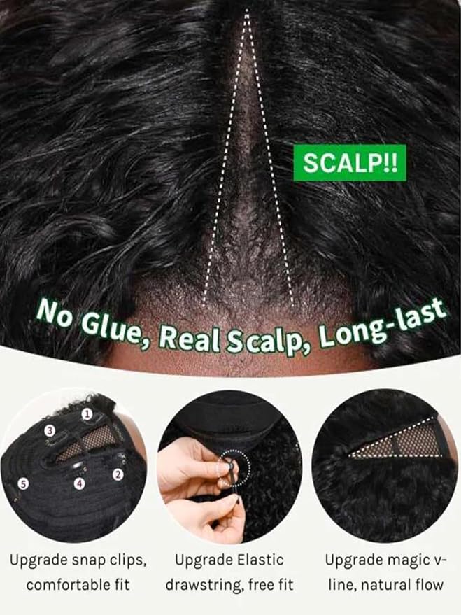 KLAIYI EasiContour V Part Wig Human Hair Body Wave Glueless Upgrade U Part Wig No Leave Out No Gel Clip in Half Wig V Shape Pull and Go Beginner Friendly Ready to Wear Natural Black Color 150% 14Inch