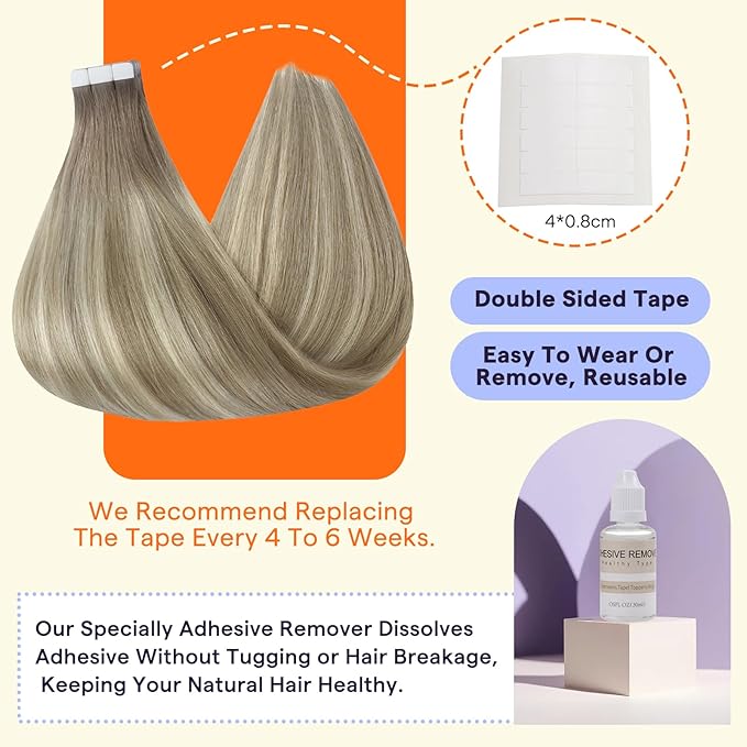 Full Shine Human Hair Tape in Extensions Color 19/8/60 Blonde and Brown Balayage 20PCS Invisible Remy Soft Double Sided Tape in Hair Extensions Human Hair 50 Grams Natural Straight 16 Inch for Party