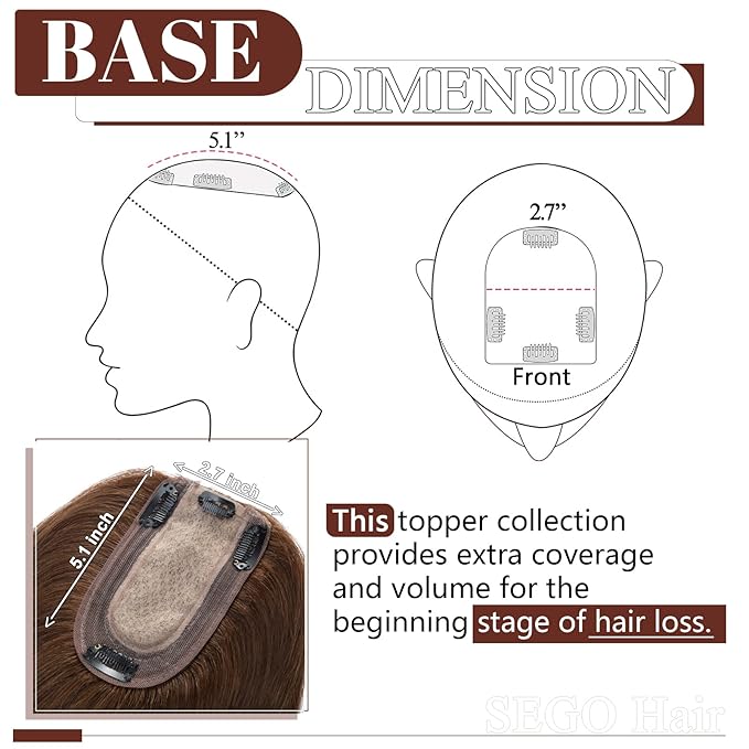 SEGO Real Human Hair Topper for Women, No Bangs Hair Topper with Anti-Slip Clips (8 Inch#4 Medium Brown)